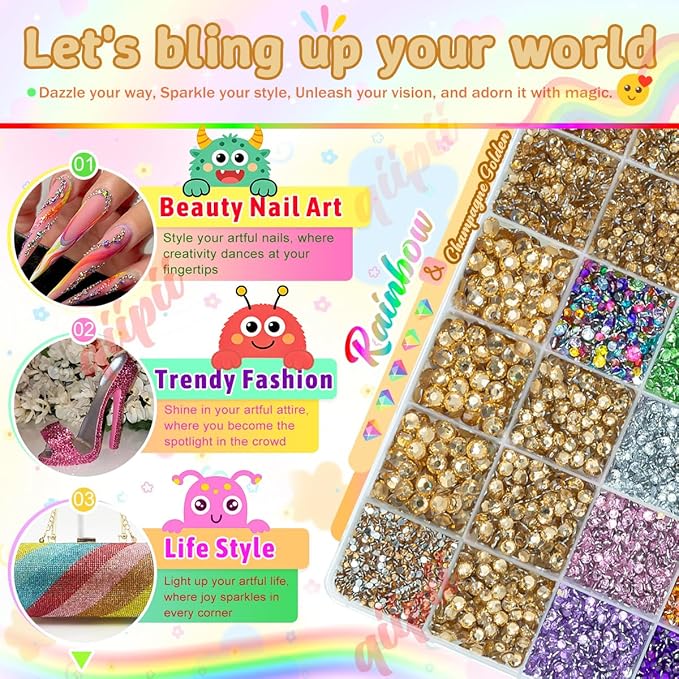 28 Grids Champagne Gold 2-6mm Resin Rhinestones w B7000 Glue for Bedazzling Crafting Colorful Flatback Stones Diamonds Crystals Gems Bedazzler Kit for Nails Face Eyes Makeup Tumblers DIY Crafts