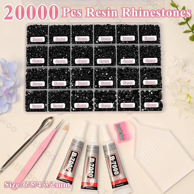 20000Pcs Black Flatback Jelly Resin Rhinestones for Bedazzling, Mix Sizes Crystal Rhinestones Gems, Black Gems Bedazzling for Crafting, Flatback Rhinestone for DIY Face Makeup Crafts Tumblers