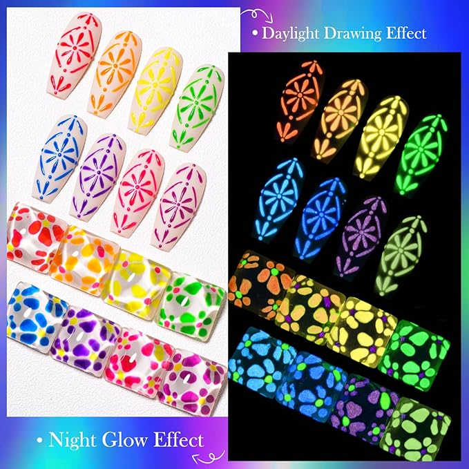 Glow in the Dark Paint for Nail Art Kit, 12 Colors Neon Luminous Polish, Fluorescent Bright Colors Yellow Green Blue Orange Soak off UV Gel With Glow Effect