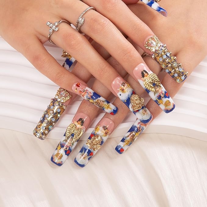 LOVFUL Press on Nails the Palace of Murals| Handmade with Full Covered Crystals| Reusable Fake Nails| Square Mid length 1.7in| H174-M