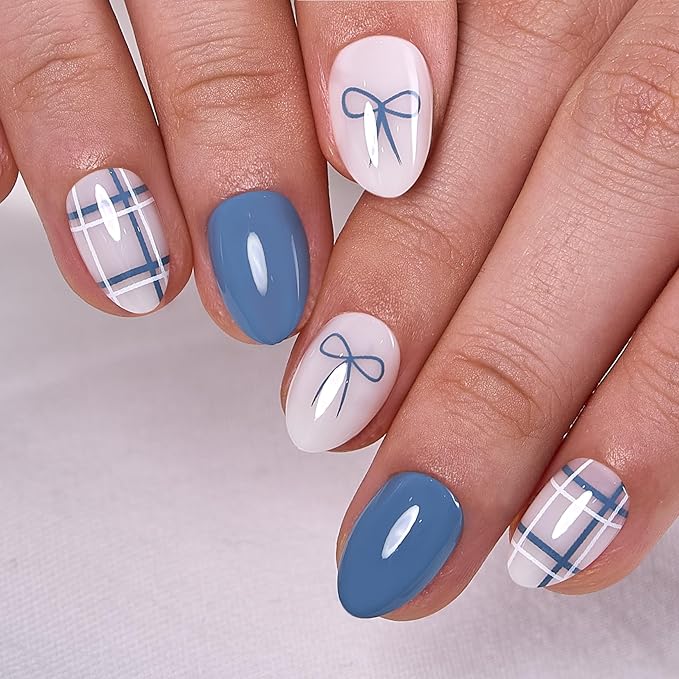 CurvLife Soft Gel Alomond Press On Nails, Long-Lasting Reusable Fake Nails Kit with Glue & Tabs, 30pcs Salon-Quality Stick On Nails for Women At-Home Manicure (Ribbon Tale)