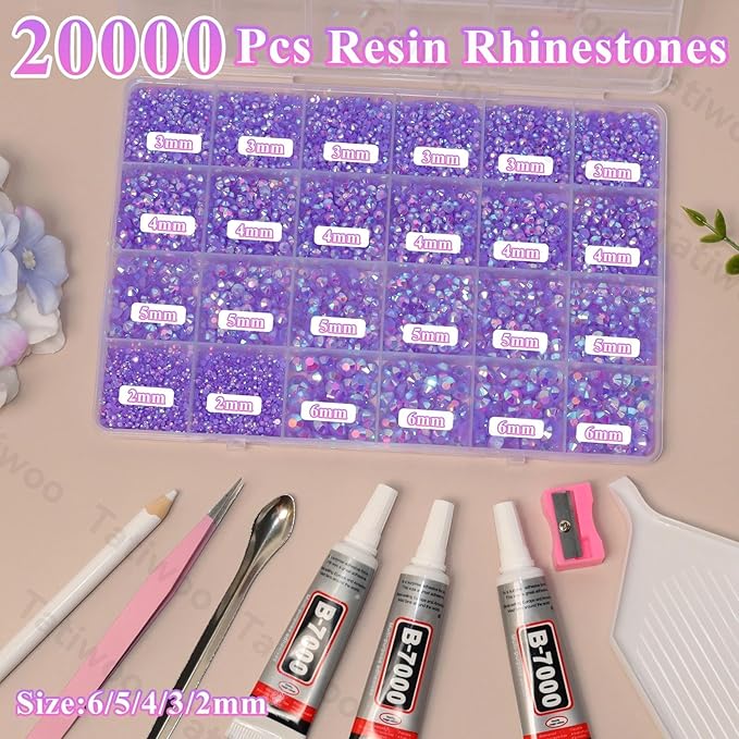 20000Pcs Light Purple AB Flatback Jelly Resin Rhinestones for Bedazzling, Mix Sizes 2-6mm Crystal Rhinestones Gems, Purple Gems Bedazzling for Crafting for DIY Face Makeup Crafts Tumblers