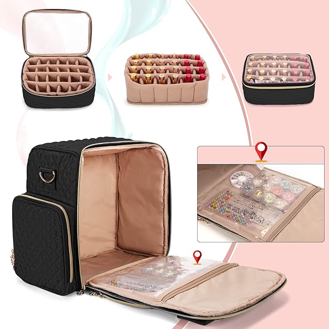 LUXJA Nail Polish Organizer Holds 72 Bottles, Nail Polish Case with 3 Removable Bags and Tools Storage Pockets (Patent Pending), Black