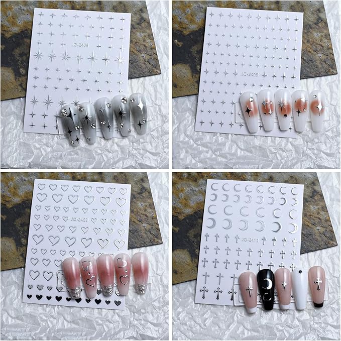 8 Sheets Silver Nail Art Stickers Decals Angel Wings Crosses Nail Stickers Sun Stars Moon Totem Design Nail Decals 3D Self-Adhesive Nail Stickers for Women Manicure Decoration