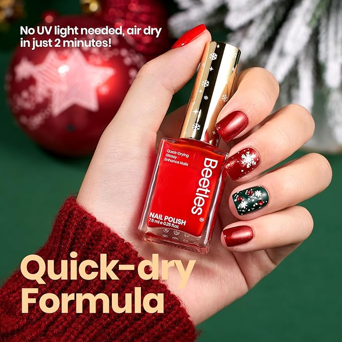 Beetles Nail Polish, 6 Colors Quick Dry Nail Polish Glossy Glitter 7.5ml /0.25 Fl Oz Red Green Gold Silver for New Year Nail Art Manicure DIY at Home Gifts for Women