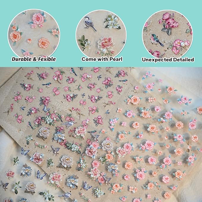 Flower Rose Bird Nail Art Stickers Pearl Rhinestones Embossed Vintage Nail Decals for Nail Art Design Self-Adhesive Nail Accessories for Women Nail Art Supplies 3 Sheets