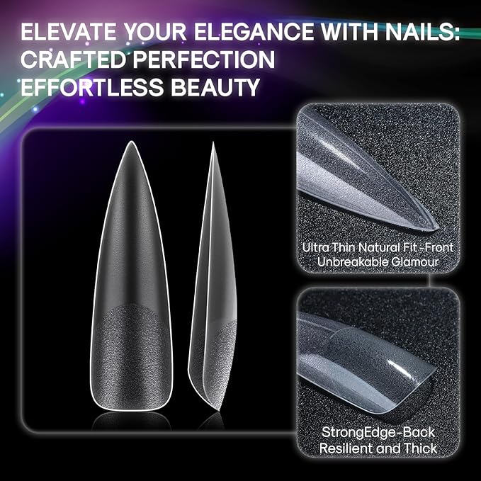 No C Curve XXL Stiletto Nail Tips, Full Matte Clear Full Cover, Stiletto Flat Tips for Acrylic Nails Art Design, Salons, Home DIY Nail Extension(12 Sizes 240PCS)