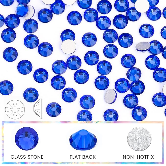 Novani Royal Blue Rhinestones, Flatback Loose Gemstones 1440pcs Glass Crystal Bulk for Clothes Shoes Crafts Makeup Nail Art and DIY Decorations(SS12, Sapphire)