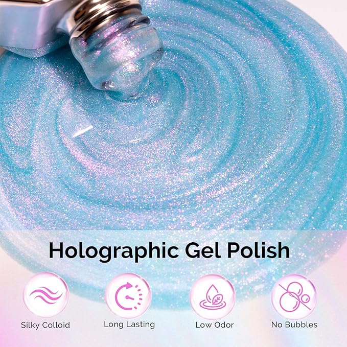 MelodySusie Blue Aurora Shimmer Gel Nail Polish,Sparkle 0.5 Fl Oz Soak Off UV LED Holographic Blue Glitter Gel Polish Gift for Women Nail Art Manicure Salon DIY Nail Design Decoration at Home-G2103