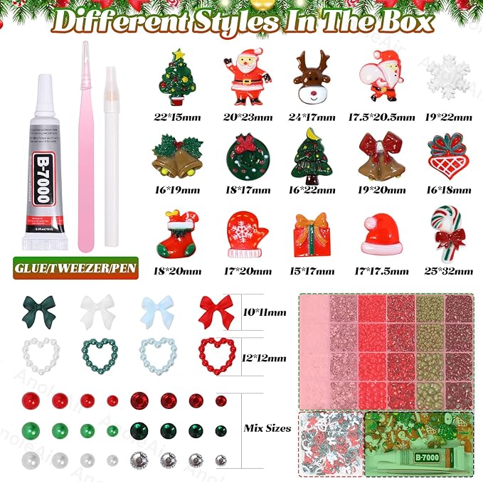 Christmas Junk Case Charms Kit, Christmas Snowman Tree Reindeer Bell Santa Big Charms for Phone Junk Cases, Red Green Pearls and Rhinestones Gems Bedazzling Kit for Crafts Nail DIY Accessories