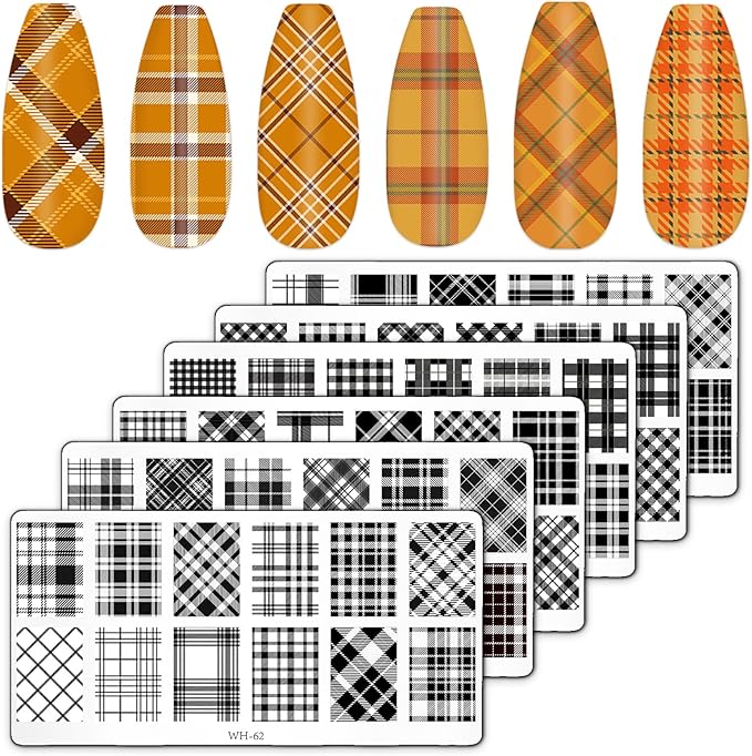 Whaline 6Pcs Plaid Nail Art Stamping Plate Kit Various Plaid Argyle Pattern Autumn Nail Art Plate for Fall Thanksgiving Holiday DIY Print Manicure Salon Design, 4.7 x 2.3 Inch