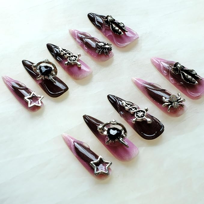 Gothic Press-On Nails, Pink to Black Ombre, Stiletto Shape with 3D Halloween Charms, Handmade False Nail 10 Pieces (Small, LS)