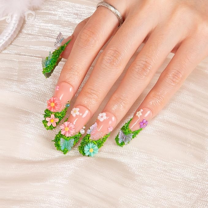LOVFUL Press on Nails Fairy Tale Garden | Handmade with Full Covered Crystals | Reusable Full Cover Nails | Coffin Classic Regular 1.3 in | H151-S