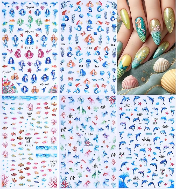 Marine Life Nail Art Stickers -3D Cute Mermaid Nail Decals Self Adhesive Small Whale Nail Stickers with Little Fish Jellyfish Designs Nail Decal Summer Nail Supplies for Women DIY Manicure Decoration