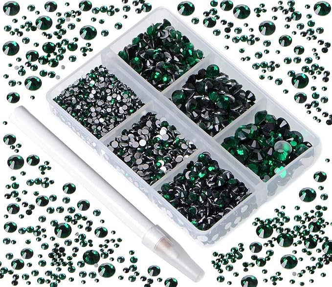 Bymitel 5000 Pieces 6 Mixed Sizes Glue Fix on Glass Rhinestones Round Crystal Gems Flatback for DIY Jewelry Making with one Picking Pen(6-Sizes 5000PCS, Emerald)