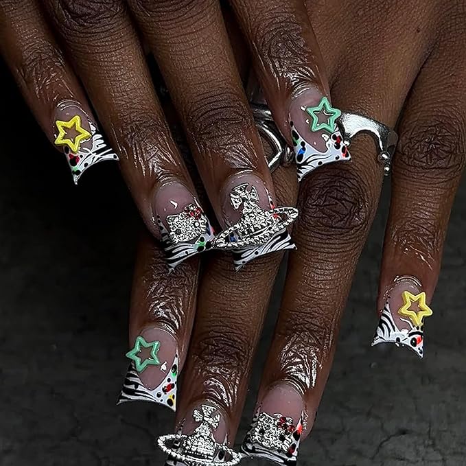 80Pcs Silver Nail Charms Set with Pink Hearts，Crosses, Stars,Butterflies, Dollars, Cherries, Crowns,Lollipop Y2k Nail Gems for Women Girls Nail Decorations DIY Craft