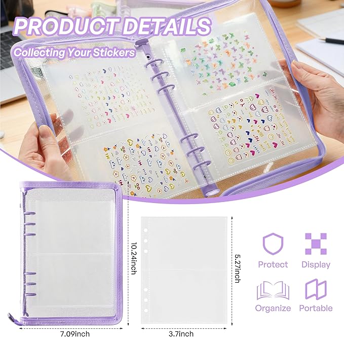 Nail Sticker Book Nail Art Organizer Display 40 Slots Sticker Storage Organizer Binder Empty Stickers Holder DIY Design Tools (purple)