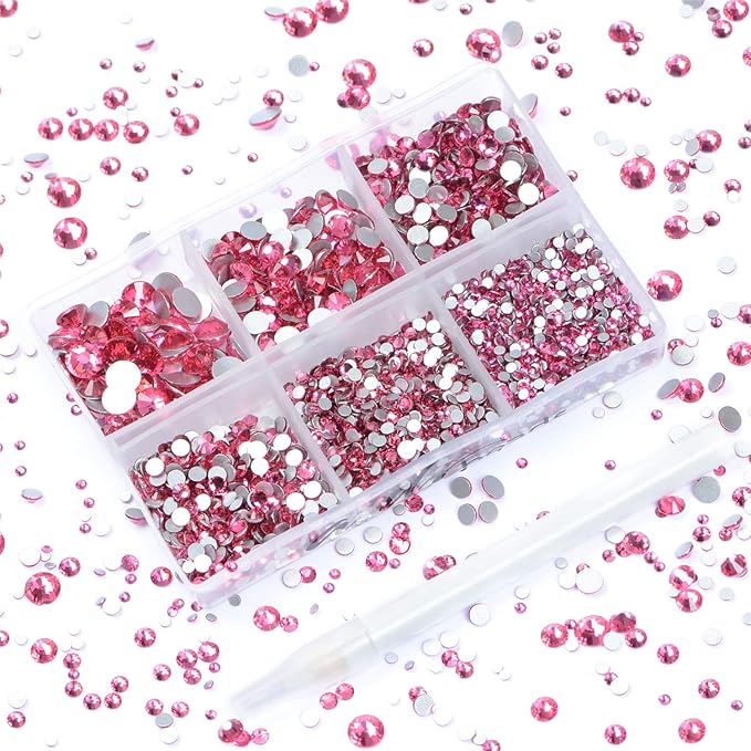 AD Beads 4300 Pieces Flat Back Nail Art Rhinestones Round Beads 6 Sizes (2-6.5mm) with Storage Organizer Box,Rhinestones Picking Pen for Nail Art Phone Decorations Crafts DIY (Rose)