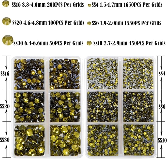 NCB Hotfix Iron on 8000pcs Crystal Rhinestones Round Gem for Crafts Decoration DIY Jewelry Making with a Tweezers and 2 Picking pens (Olivine, 6Sizes SS4-SS30)