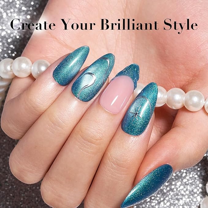 AZUREBEAUTY Cat Eye Magnetic Nail Polish Set, Quick Dry Non-Gel Holographic Fingernail Mooncat Polish with Top Coat, 4 Colors (Red, Purple, Green, Teal), DIY Salon at Home Manicure for Women