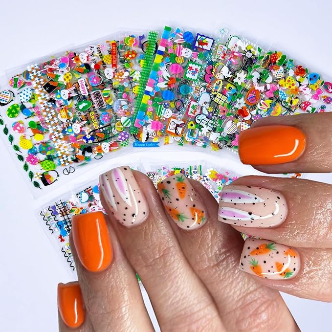 30 Sheets Easter Nail Stickers Cute Bow Chick Carrot Rabbit Nail Art Stickers Flower Tree Easter Egg Nail Decals 3D Self-Adhesive Cartoon Bunny Nail Art Decals for Women Holiday Nail Designs