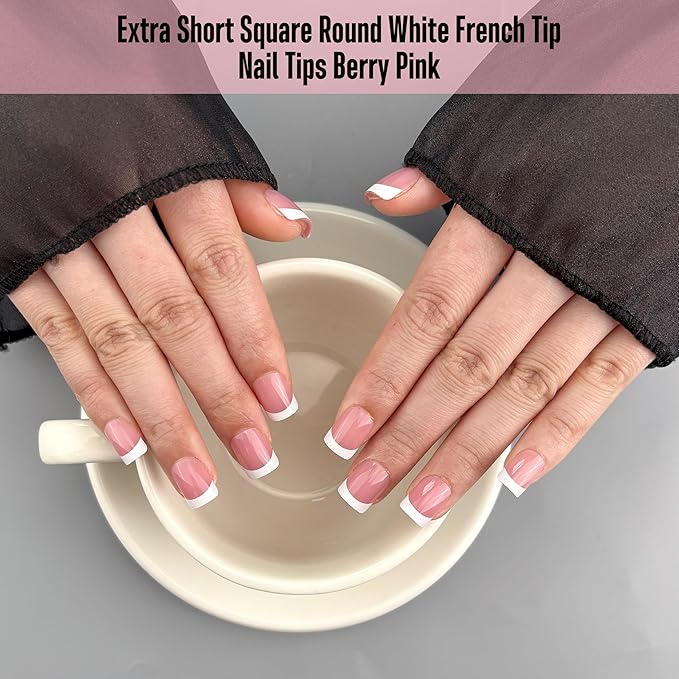 NOVO OVO Extra Short White French Tip Nail Tips, XS XXS Square Round BERRY PINK, for Wide & Short Nail Beds, Thick Full Cover Press on for Women Men, Soft Gel Acrylic Extension kit, 16 Sizes x 224pcs
