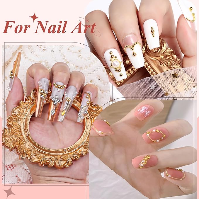 Gold Nail Charms Caviar Beads for Nails, 1.5-5mm Half Round Flatback Nail Pearls 0.7-2mm Gold Beads with Pickup Tools for Nails Face Eyes Makeup (32-K1-5)