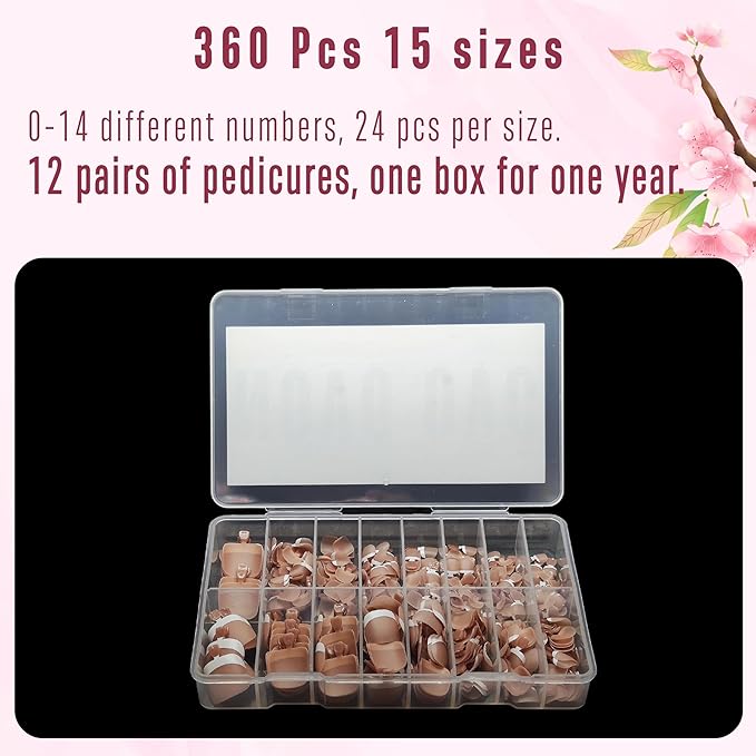 NOVO OVO Fake Toe Nail Tips Press on, French Tip Soft Gel Toenail Extension, BROWN PINK Square Round Pre-applied Tip Primer & Base Coat, Full Cover Matte False Nails for DIY x 15 Sizes 360Pcs