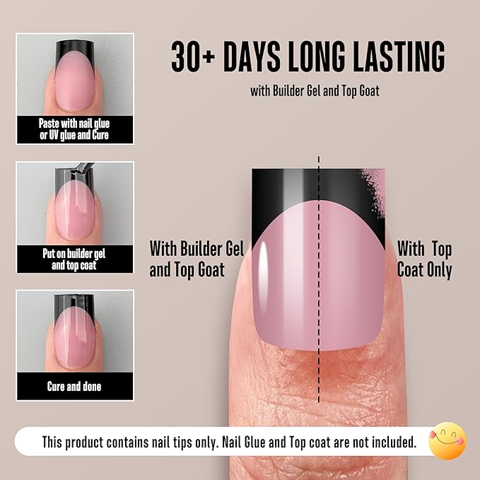 Black French Tip Short Straight Square Nail Tips Press on, BERRY PINK Extra Thick NEED Soft Gel Nail Extension, Need Builder gel & Top,Coat Full Cover False Nails, for DIY x 15 Sizes 150 pcs
