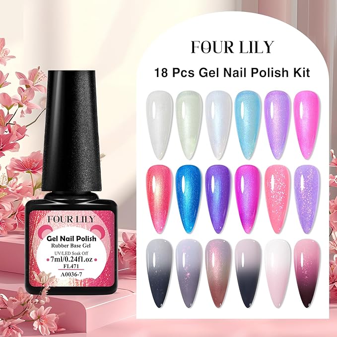 18 Colors Rubber Base Gel Set, Pearlescent Rubber Base Gel Polish for Nails Color Changing Builder Base Nail Gel Brocade 2-in-1 Soak Off Base Gel Nail Strengthener Gifts for Women
