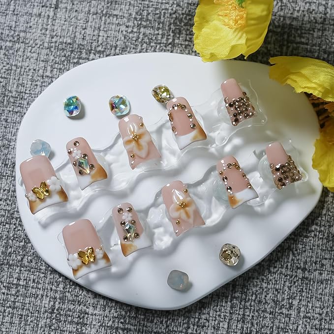 Short Duck Press on Nails Handmade 3D Flowers Butterflies Designs Nude Pink False Nails White French Tip Thick Acrylic & Muti-Layer Stick on Nails for Women Nails Art(Sunflowers,M)
