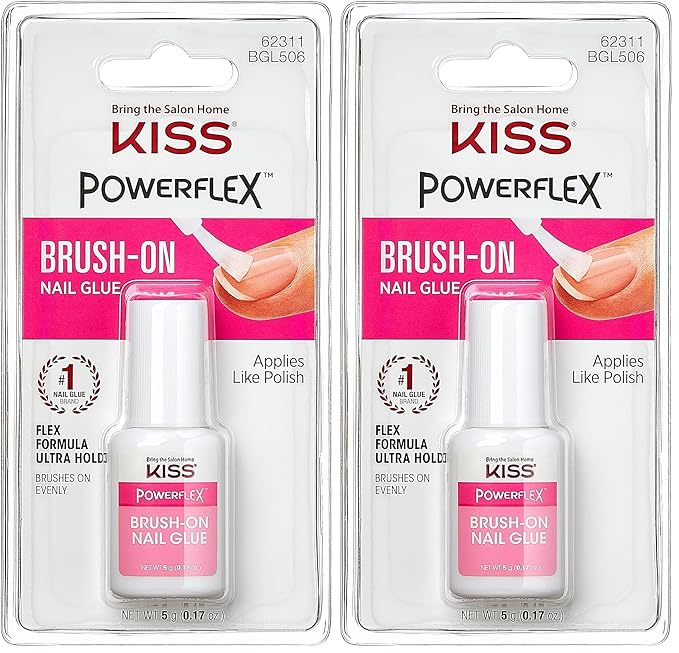 KISS PowerFlex Brush-On Nail Glue for Press On Nails, Ultra Hold Flex Formula Nail Adhesive, Includes One Bottle 5g (0.17 oz.) with Twist-Off Cap & Brush Applicator (Pack of 2)