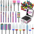 25Pcs Nail Drill Bits Set: 3/32 Tungsten Carbide Ceramic Diamond Cuticle Safety Professional Drill Bits Nail Tech with Pink Holder Case & 50Pcs Sanding Bands for acrylic gel Remover Manicure Pedicure