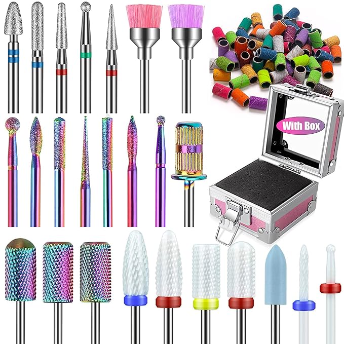 25Pcs Nail Drill Bits Set: 3/32 Tungsten Carbide Ceramic Diamond Cuticle Safety Professional Drill Bits Nail Tech with Pink Holder Case & 50Pcs Sanding Bands for acrylic gel Remover Manicure Pedicure