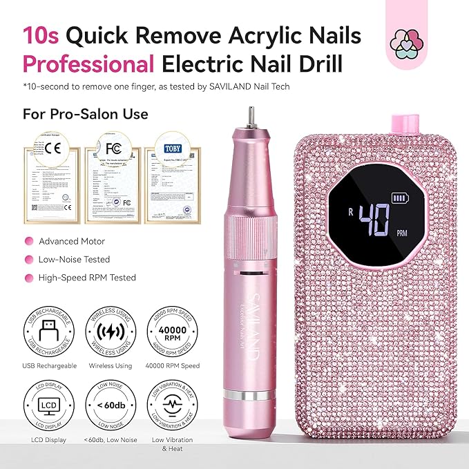 SAVILAND Professional Nail Drill 40000 RPM: Portable Diamond Nail Drill Kit Rechargeable 4000 mAh Electric Nail File for Thick Acrylic Nails with Ceramic Nail D rill Bits Sanding Bands Nail Tech Salon