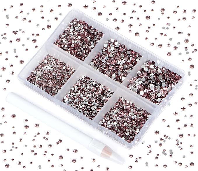 Bymitel 7200 Pieces 6 Mixed Sizes Glue Fix on Glass Rhinestones Round Crystal Gems Flatback for DIY Jewelry Making with one Picking Pen(6-Sizes 7200PCS, Lt. Amethyst)