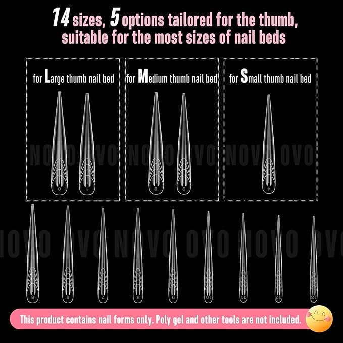 NOVO OVO Halloween Extra Long Stiletto Butterfly Wing Arrow Nail Dual Forms for Polygel Extension, NOT NAIL TIPS, XXXXL 4XL 5XL, Reusable Full Cover Molds For Builder/Hard/Polygel 70 Pcs x 14 sizes