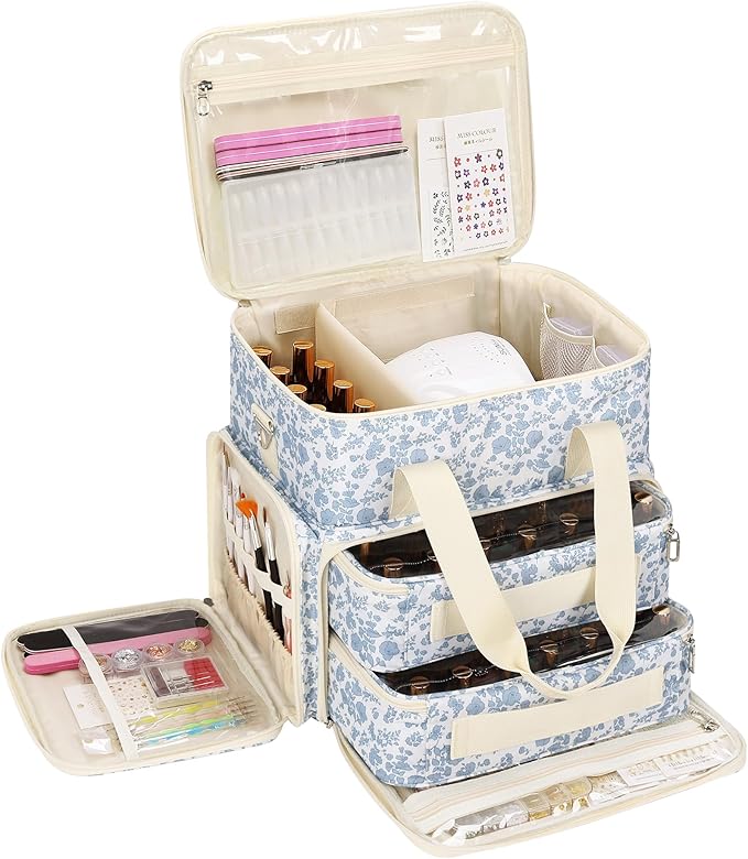 Relavel Nail Polish Organizer, Nail Bag Holds 80 to 100+ Bottles (15ml/0.5fl.oz) Nail Lamp, Nail Supplies Kit Gels Polish Storage Case with 2 Removable Pouches for Manicure Nail Tech Gifts (Floral)