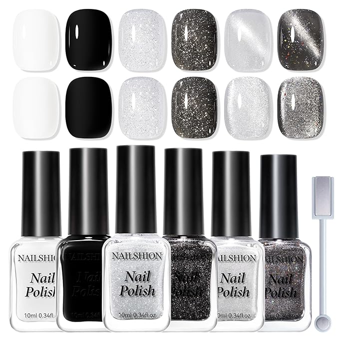 Nail Polish Set 6 Colors Black White Silver Gray Sparkle Cat Eye Glitter Shimmer Nail Polish Kit with Magnet, Quick Air Dry Non Gel, Nail Art DIY Home Travel Manicure Gift for Women Girls