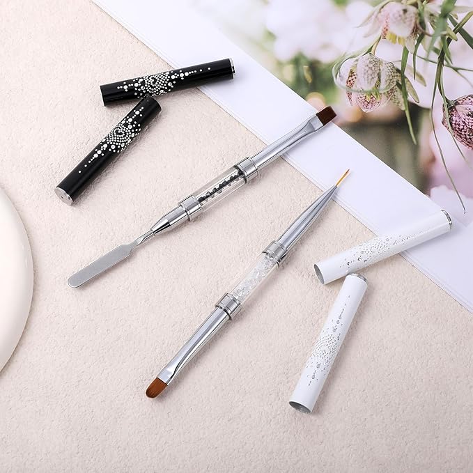 Sibba 3 PCS Double Ended Nail Art Brushes Set French Manicure Art Brushes Nails Design Detailing Painting Drawing Liner Brush Pen & Stainless Steel Cuticle Pusher Cleaner Nail Builder Polish Gel Brush