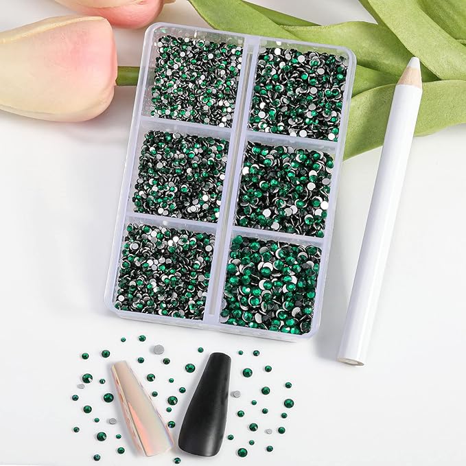 Beadsland 7200pcs Flatback Rhinestones,Green Rhinestone Nail Gems Round Crystal Rhinestones for Crafts,Mixed 6 Sizes with Wax Pencil Kit, SS3-SS10,Emerald