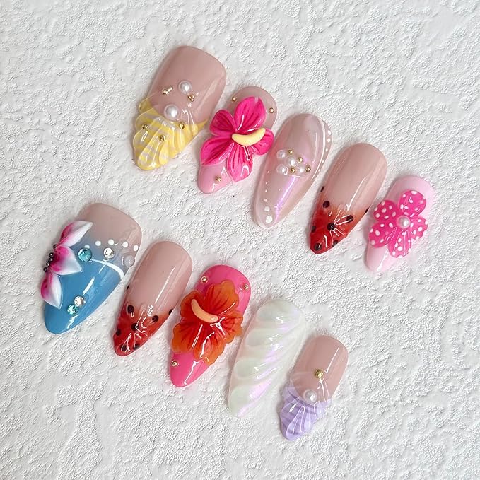 Luxury Press on Nails Medium Almond Handmade 3D Unique Reusable ABS Material Fake Nails French Tip False Nails with Designs Tropical Flower Art Petal Glossy Glue on Nails Thick Acrylic Nails(M)