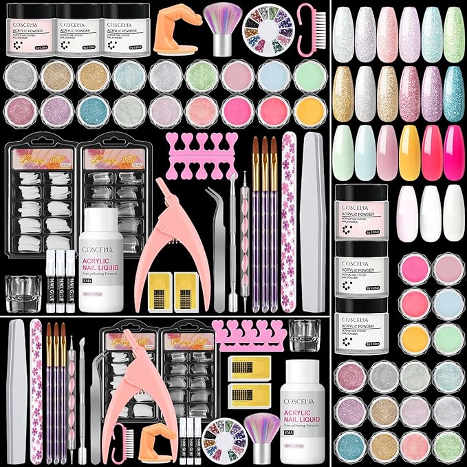 COSCELIA Acrylic Nail Kit with Everything, Professional Acrylic Powder Glitter Decoration Powder Extension Nails Art Kit Rhinestones Manicure