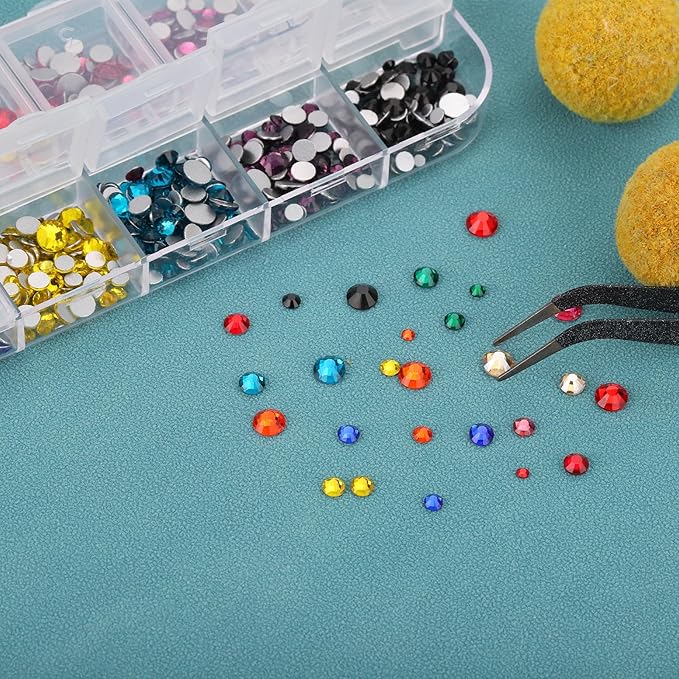 uxcell 1500Pcs Round Flatback Rhinestones Set, 6 Size Glass Flat-Back Crystal Diamonds with Tweezers and Picking Pen for Nail Art Makeup Crafts Fabric DIY Decoration, Multicolor