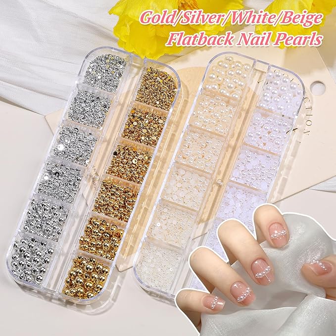 15 Boxes Nail Rhinestones Gems Kit,Gold/Silver Metal Studs,Mixed Sizes Flatback Crystals Rhinestones,Half Pearls,Sequins,Foil Flakes with Tweezers & Dotting Tools for DIY Manicure