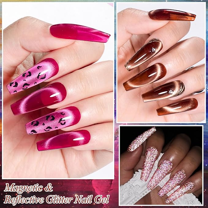 MEET ACROSS 8pcs Nail Polish Set, Soak off UV LED Lamp Cat Eye Gel Set, Home Manicure Kit 7ml (Amber Cat Eye + Diamond Gel)