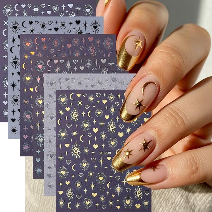 Gold Nail Stickers 5D Embossed Black White Star Nail Decals 3D Self Adhesive Moon Sun Nail Art Stickers Hearts Nails Designs Celestial Nails Supplies for Women DIY Manicure 6 Sheets
