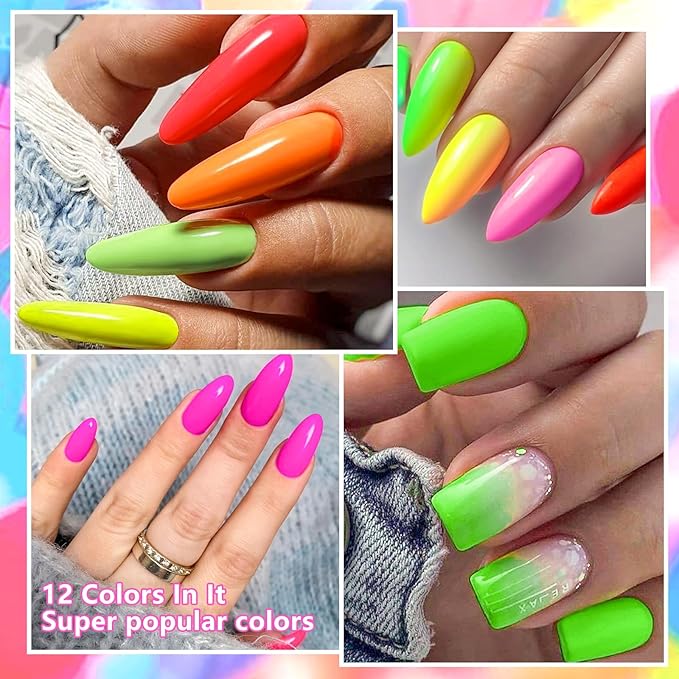 MTSSII Neon Gel Nail Polish Set, 12 Colors Hot Pink Orange Yellow Green Blue Red Purple Spring Summer Nail Polish Set Fluorescent Gel Nail Kit for Home DIY Manicure Nail Salon