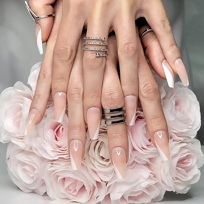 Hypnaughty 24 Pcs Paris Classy French Coffin Press On Nails with Design and Glue Medium Long Fake Nails Nude Pink and White Asymmetrical French Tip Glue On Nails Full Cover (Paris)