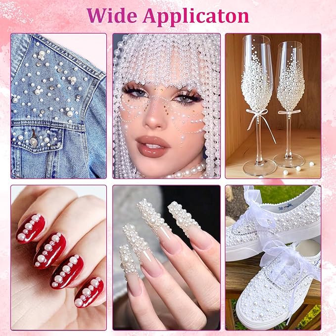 Belleboost Flat Back Pearls Kits 1 Box of Flatback White Half Round Pearls with Pickup Pencil and Tweezer for Home DIY and Professional Nail Art, Face Makeup and Craft